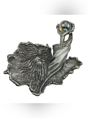 Vintage JJ Wizard Brooch Crystal Ball Pewter Jonette Signed Jewelry